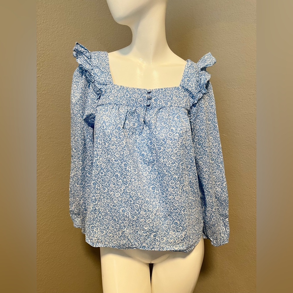 J. CREW Women’s Blue & White LS Squareneck Ruffle Floral Print Top Blouse Size M - Picture 2 of 13